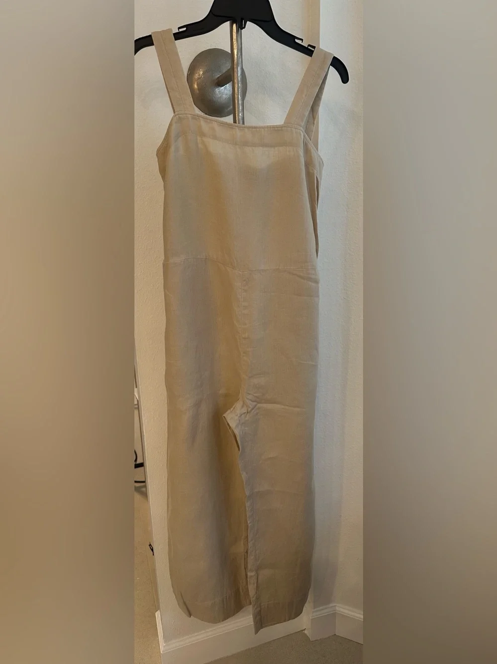 Quince Light Beige Sleeveless Linen Jumpsuit with Tie Waist No Belt adjustable